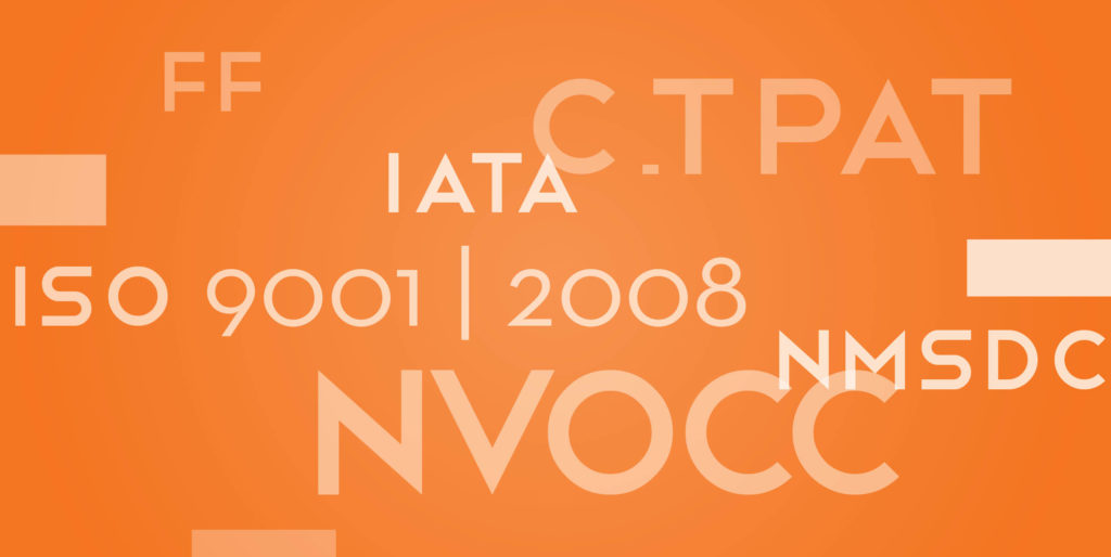 An orange background features write text that reads, "FF, IATA, C-PAT, ISO 9001 | 2008, NMSDC, and NVOCC."