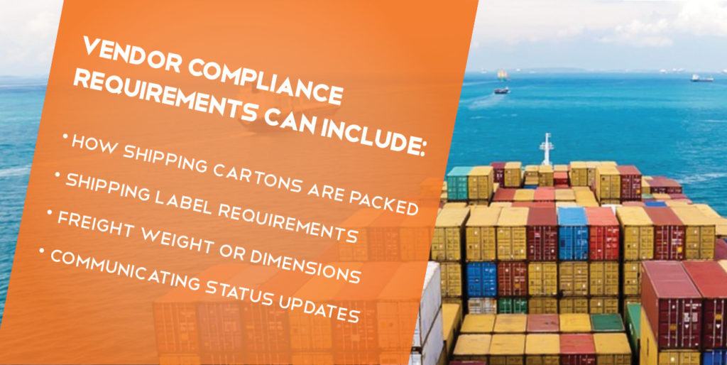 An orange rectangle features white text on top of a cargo ship. The text reads, "Vendor compliance requirements can include: how shipping cartons are packed, shipping label requirements, freight weight or dimensions, communicating status updates."