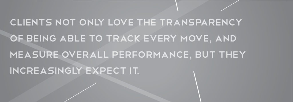 Text reads, "Clients not only love the transparency of being able to track every move and measure overall performance, but they increasingly expect it."