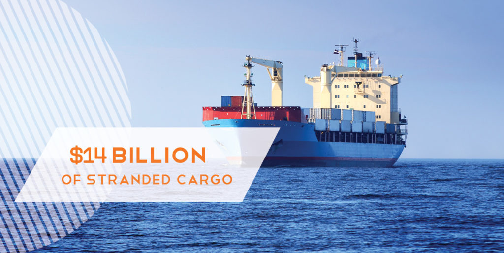 A bubble of text reads, "$14 billion of stranded cargo." It's superimposed over an ocean carrier.y