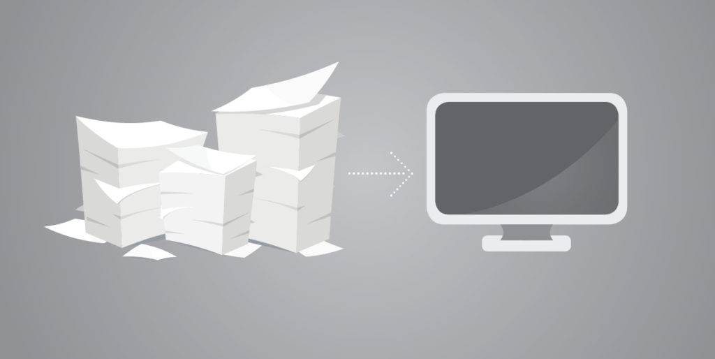 Stacks of paper are converted to digital files.