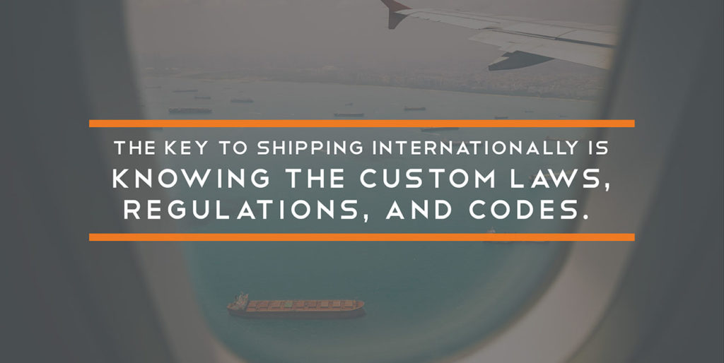 The view from an airplane window with the text, "The key to shipping internationally is knowing the custom laws, regulations, and codes."