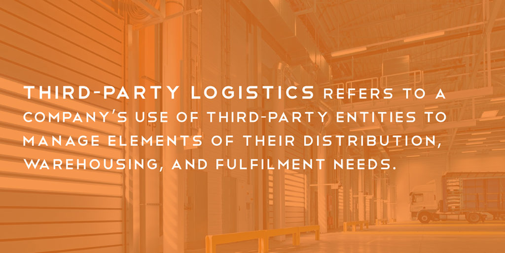 A warehouse with white text that reads, "Third-party logistics refers to a company’s use of third-party entities to manage elements of their distribution, warehousing, and fulfillment needs."