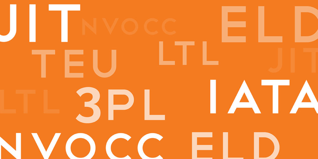 Letters on an orange background spell out many logistics industry and supply chain management industry terms, including, "3PL," "IATA," "JIT," and more.