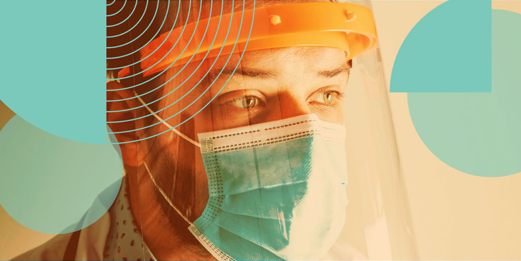 An individual wears PPE. The image is decorated with blue shapes.