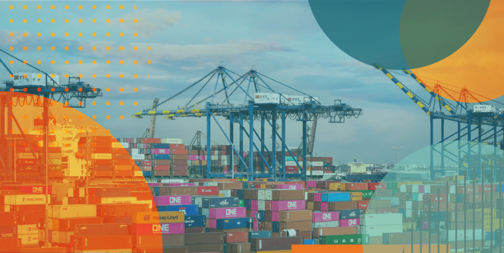 Cranes lift cargo containers at a loading station. Blue and orange shapes are laid over the image.