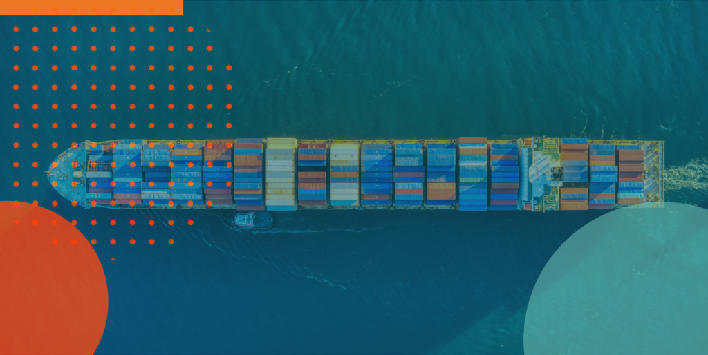 A cargo ship sails through the water. A blue overlay and orange shapes are on top of the image.