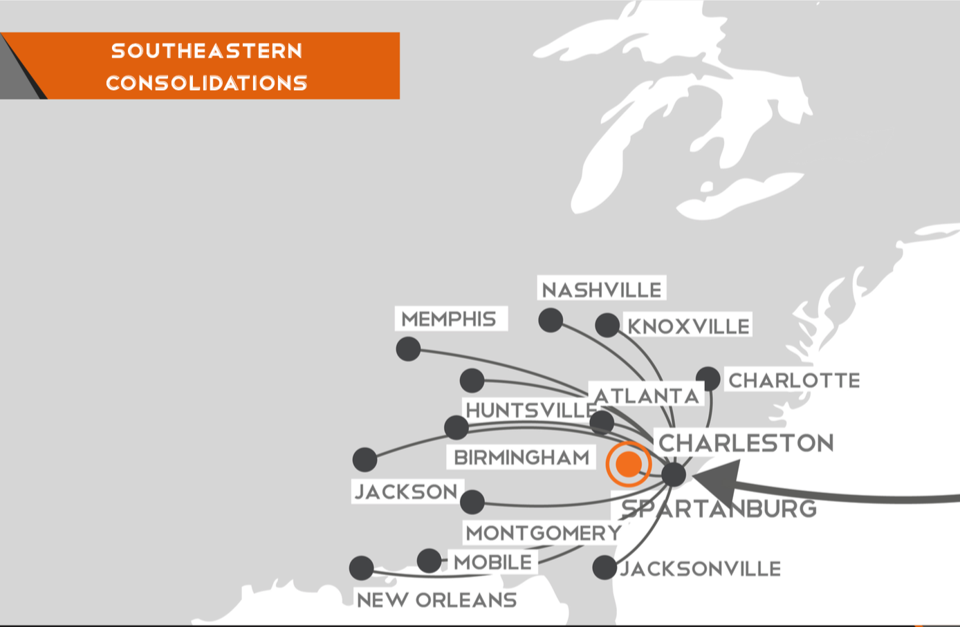 A map illustrates some of TOC Logistics' Southeastern United States consolidation routes.